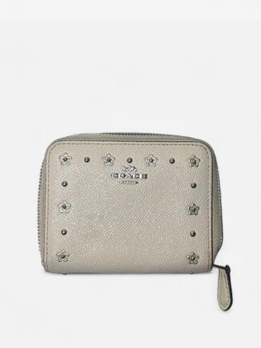 Coach Light Beige Zip-Around Wallet with Floral Studs